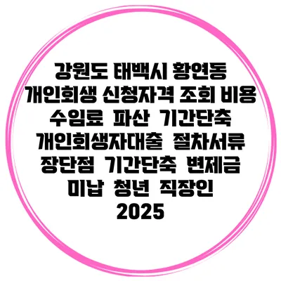 강원도 태백시 황연동 개인회생 신청자격 조회 비용 수임료 | 파산 | 기간단축 | 개인회생자대출 | 절차서류 | 장단점 | 기간단축 | 변제금 미납 | 청년 | 직장인 2025