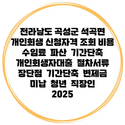 전라남도 곡성군 석곡면 개인회생 신청자격 조회 비용 수임료 | 파산 | 기간단축 | 개인회생자대출 | 절차서류 | 장단점 | 기간단축 | 변제금 미납 | 청년 | 직장인 2025